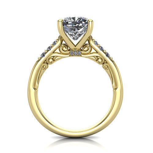 Jimena cushion solitaire engagement ring in 14K Yellow Gold, through-finger front profile showing the filigree scroll gallery beneath the cushion center