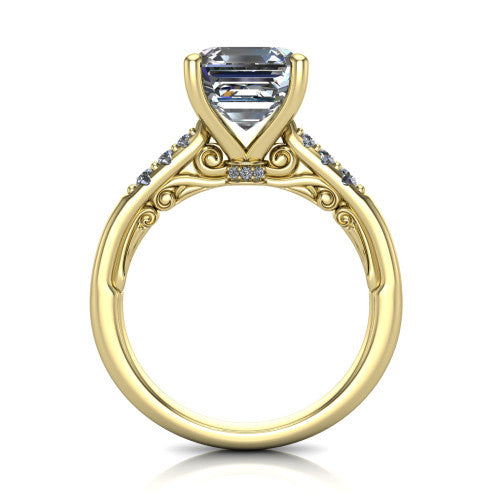 Jimena square emerald solitaire engagement ring in 14K Yellow Gold, through-finger front profile showing the filigree scroll gallery beneath the square emerald center