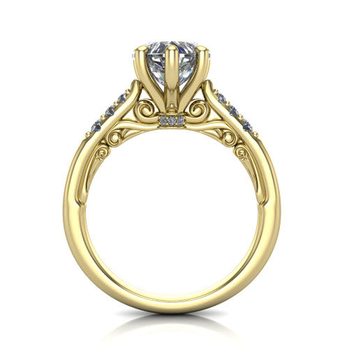 Jimena heart solitaire engagement ring in 18K Yellow Gold, through-finger front profile showing the filigree scroll gallery beneath the heart center