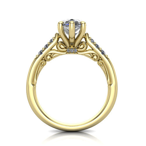 Jimena pear solitaire engagement ring in 14K Yellow Gold, through-finger front profile showing the filigree scroll gallery beneath the pear center