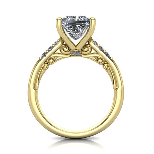 Jimena princess solitaire engagement ring in 18K Yellow Gold, through-finger front profile showing the filigree scroll gallery beneath the princess center