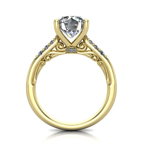 Jimena round solitaire engagement ring in 14K Yellow Gold, through-finger front profile showing the filigree scroll gallery beneath the round center