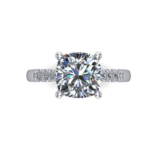 Jimena cushion solitaire engagement ring in Platinum, top-down view showing the unhaloed cushion center and the pav&eacute; diamond shoulders