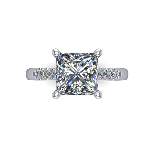 Jimena princess solitaire engagement ring in 14K White Gold, top-down view showing the unhaloed princess center and the pav&eacute; diamond shoulders