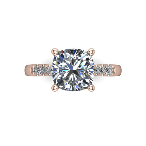 Jimena cushion solitaire engagement ring in 14K Rose Gold, top-down view showing the unhaloed cushion center and the pav&eacute; diamond shoulders