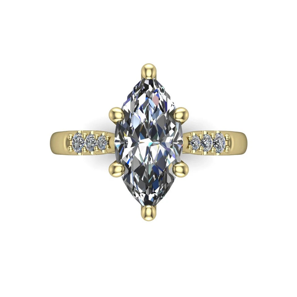 Jimena marquise solitaire engagement ring in 18K Yellow Gold, top-down view showing the unhaloed marquise center and the pav&eacute; diamond shoulders