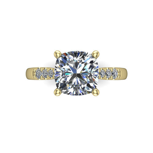 Jimena cushion solitaire engagement ring in 14K Yellow Gold, top-down view showing the unhaloed cushion center and the pav&eacute; diamond shoulders