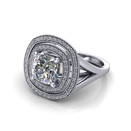Carolina cushion double halo engagement ring in 18K White Gold, three-quarter perspective showing the cushion center in a bold double squared pav&eacute; halo above a split shank