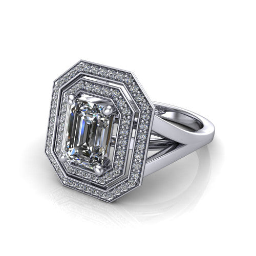 Carolina emerald double halo engagement ring in 18K White Gold, three-quarter perspective showing the emerald center in a bold double squared pav&eacute; halo above a split shank