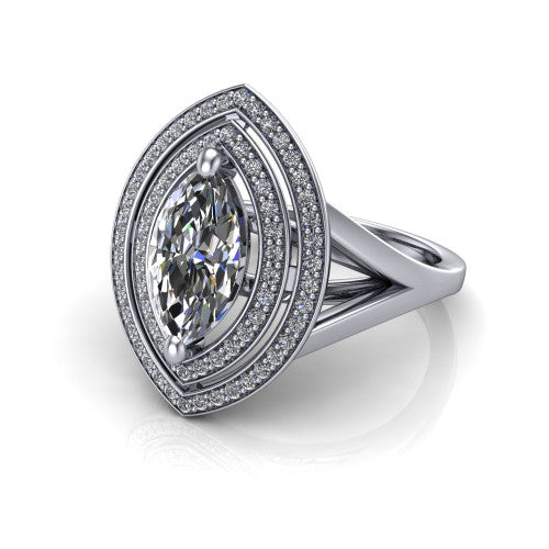 Carolina marquise double halo engagement ring in 14K White Gold, three-quarter perspective showing the marquise center in a bold double squared pav&eacute; halo above a split shank