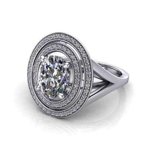 Carolina oval double halo engagement ring in 18K White Gold, three-quarter perspective showing the oval center in a bold double squared pav&eacute; halo above a split shank