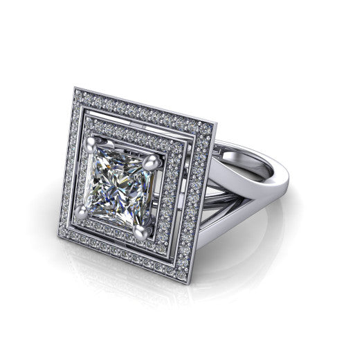 Carolina princess double halo engagement ring in Platinum, three-quarter perspective showing the princess center in a bold double squared pav&eacute; halo above a split shank