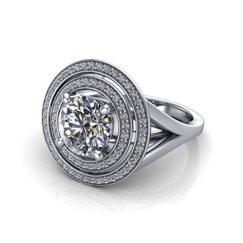 Carolina round double halo engagement ring in Platinum, three-quarter perspective showing the round center in a bold double squared pav&eacute; halo above a split shank