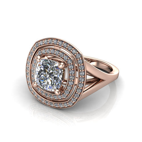 Carolina cushion double halo engagement ring in 18K Rose Gold, three-quarter perspective showing the cushion center in a bold double squared pav&eacute; halo above a split shank