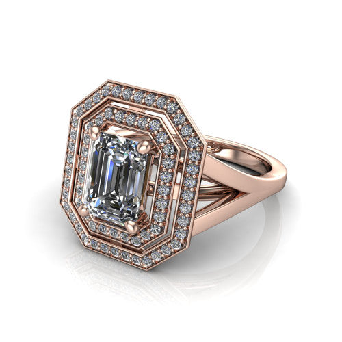 Carolina emerald double halo engagement ring in 14K Rose Gold, three-quarter perspective showing the emerald center in a bold double squared pav&eacute; halo above a split shank