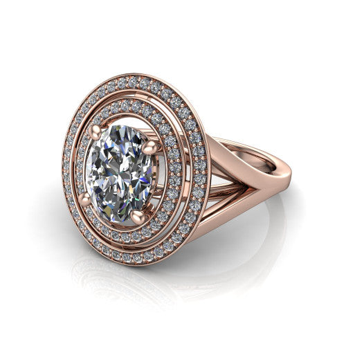 Carolina oval double halo engagement ring in 18K Rose Gold, three-quarter perspective showing the oval center in a bold double squared pav&eacute; halo above a split shank