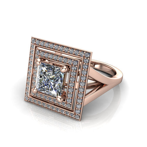 Carolina princess double halo engagement ring in 14K Rose Gold, three-quarter perspective showing the princess center in a bold double squared pav&eacute; halo above a split shank