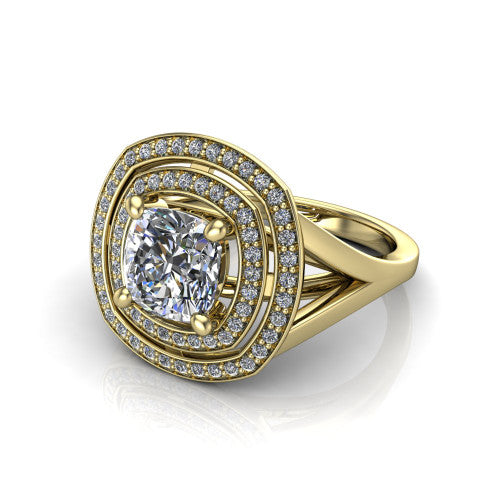 Carolina cushion double halo engagement ring in 18K Yellow Gold, three-quarter perspective showing the cushion center in a bold double squared pav&eacute; halo above a split shank