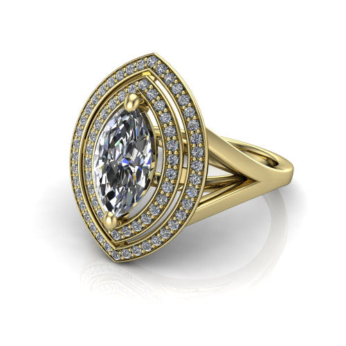 Carolina marquise double halo engagement ring in 14K Yellow Gold, three-quarter perspective showing the marquise center in a bold double squared pav&eacute; halo above a split shank