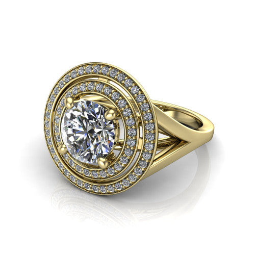 Carolina round double halo engagement ring in 18K Yellow Gold, three-quarter perspective showing the round center in a bold double squared pav&eacute; halo above a split shank