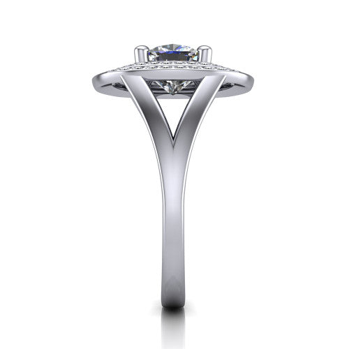 Carolina cushion double halo engagement ring in Platinum, side profile showing the plain polished split shank and the stacked squared double halo in profile
