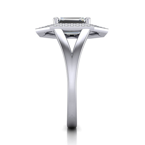 Carolina emerald double halo engagement ring in 14K White Gold, side profile showing the plain polished split shank and the stacked squared double halo in profile