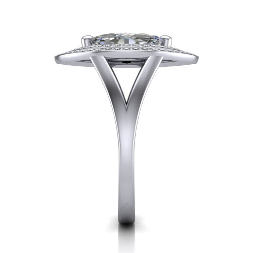 Carolina marquise double halo engagement ring in 18K White Gold, side profile showing the plain polished split shank and the stacked squared double halo in profile