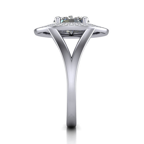 Carolina oval double halo engagement ring in Platinum, side profile showing the plain polished split shank and the stacked squared double halo in profile