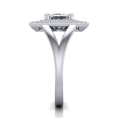 Carolina princess double halo engagement ring in 14K White Gold, side profile showing the plain polished split shank and the stacked squared double halo in profile