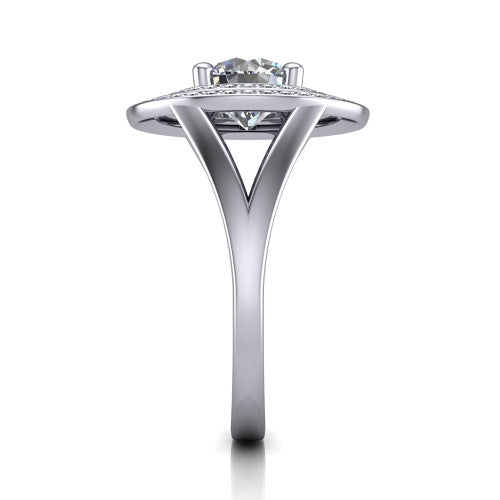 Carolina round double halo engagement ring in Platinum, side profile showing the plain polished split shank and the stacked squared double halo in profile