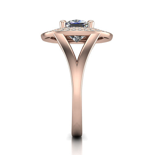 Carolina cushion double halo engagement ring in 18K Rose Gold, side profile showing the plain polished split shank and the stacked squared double halo in profile