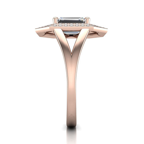 Carolina emerald double halo engagement ring in 18K Rose Gold, side profile showing the plain polished split shank and the stacked squared double halo in profile