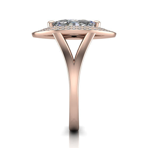 Carolina marquise double halo engagement ring in 14K Rose Gold, side profile showing the plain polished split shank and the stacked squared double halo in profile