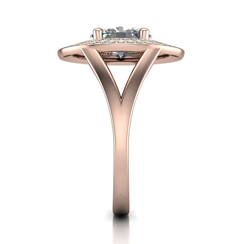 Carolina oval double halo engagement ring in 14K Rose Gold, side profile showing the plain polished split shank and the stacked squared double halo in profile