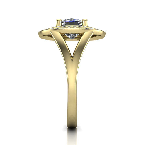 Carolina cushion double halo engagement ring in 18K Yellow Gold, side profile showing the plain polished split shank and the stacked squared double halo in profile