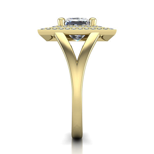 Carolina princess double halo engagement ring in 14K Yellow Gold, side profile showing the plain polished split shank and the stacked squared double halo in profile