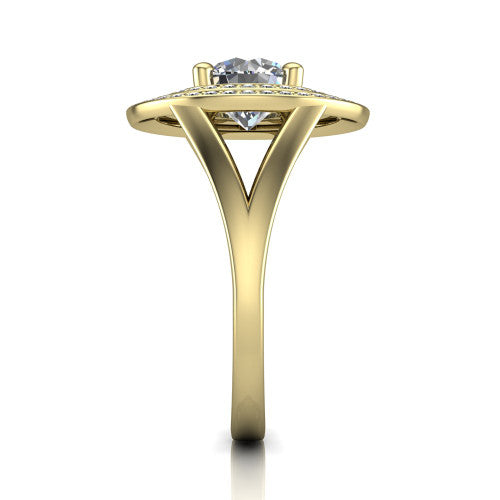 Carolina round double halo engagement ring in 18K Yellow Gold, side profile showing the plain polished split shank and the stacked squared double halo in profile