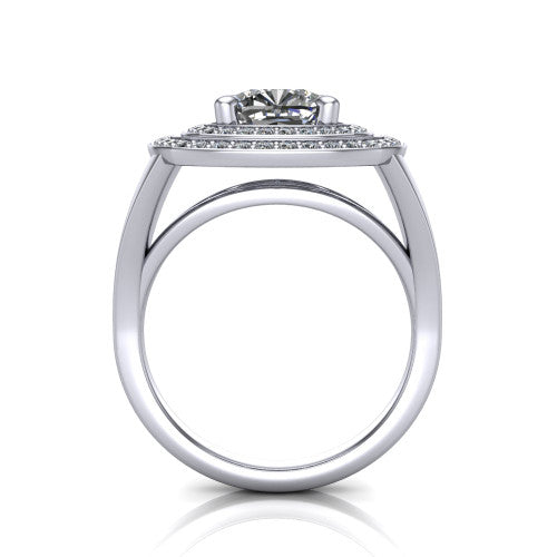 Carolina cushion double halo engagement ring in 14K White Gold, through-finger front profile showing the double squared halo head raised above the open split band
