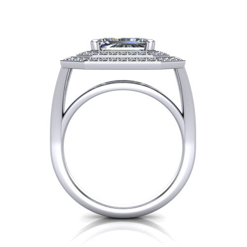 Carolina emerald double halo engagement ring in 14K White Gold, through-finger front profile showing the double squared halo head raised above the open split band