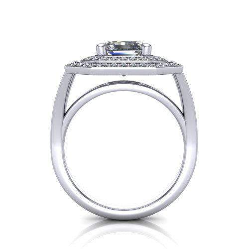 Carolina square emerald double halo engagement ring in 14K White Gold, through-finger front profile showing the double squared halo head raised above the open split band
