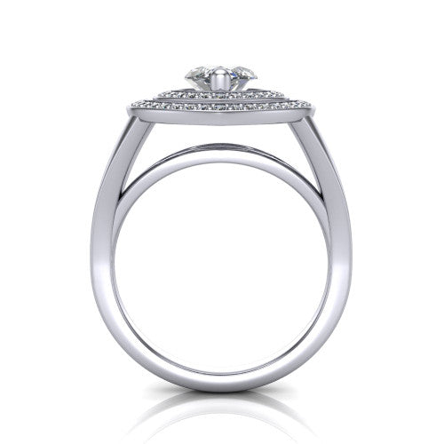 Carolina marquise double halo engagement ring in 14K White Gold, through-finger front profile showing the double squared halo head raised above the open split band