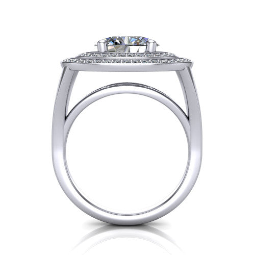 Carolina oval double halo engagement ring in 18K White Gold, through-finger front profile showing the double squared halo head raised above the open split band