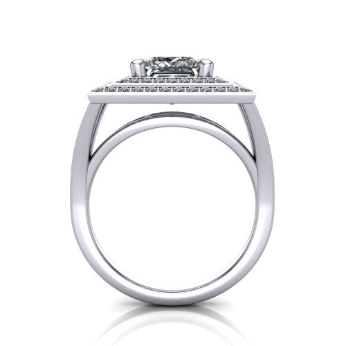 Carolina princess double halo engagement ring in Platinum, through-finger front profile showing the double squared halo head raised above the open split band