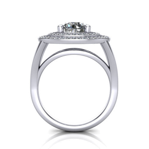 Carolina round double halo engagement ring in Platinum, through-finger front profile showing the double squared halo head raised above the open split band