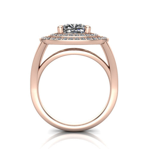 Carolina cushion double halo engagement ring in 18K Rose Gold, through-finger front profile showing the double squared halo head raised above the open split band