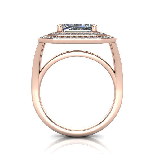 Carolina emerald double halo engagement ring in 14K Rose Gold, through-finger front profile showing the double squared halo head raised above the open split band