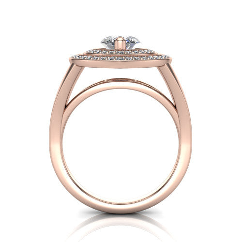 Carolina marquise double halo engagement ring in 14K Rose Gold, through-finger front profile showing the double squared halo head raised above the open split band