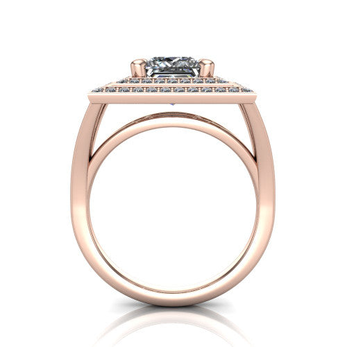 Carolina princess double halo engagement ring in 14K Rose Gold, through-finger front profile showing the double squared halo head raised above the open split band