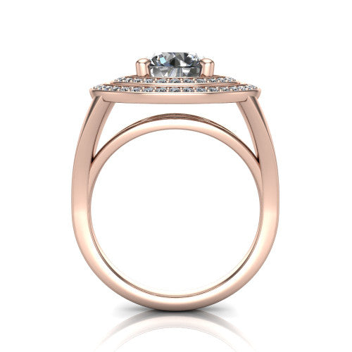 Carolina round double halo engagement ring in 18K Rose Gold, through-finger front profile showing the double squared halo head raised above the open split band