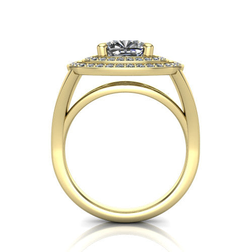 Carolina cushion double halo engagement ring in 18K Yellow Gold, through-finger front profile showing the double squared halo head raised above the open split band